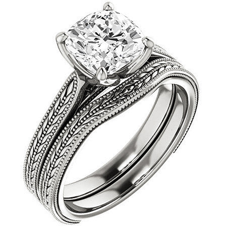 Cushion Vintage-Style Engraved Solitaire Ring with Tulip Prongs