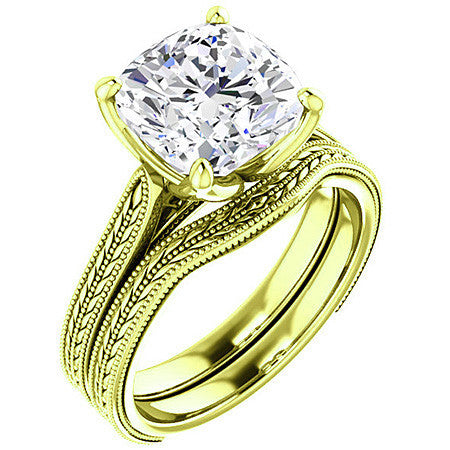 Cushion Vintage-Style Engraved Solitaire Ring with Tulip Prongs
