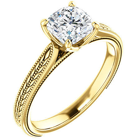 Cushion Vintage-Style Engraved Solitaire Ring with Tulip Prongs