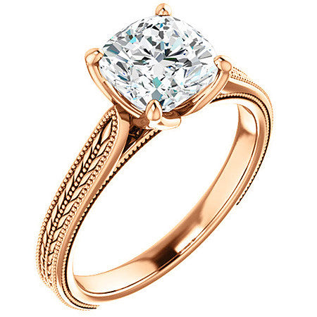 Cushion Vintage-Style Engraved Solitaire Ring with Tulip Prongs