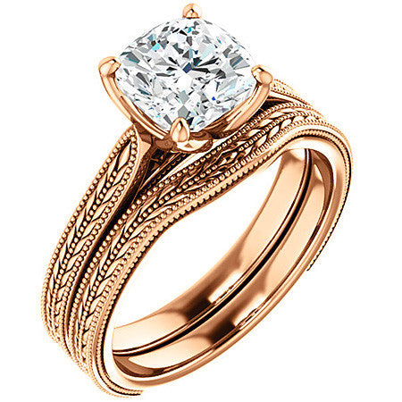 Cushion Vintage-Style Engraved Solitaire Ring with Tulip Prongs