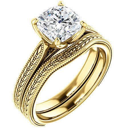 Cushion Vintage-Style Engraved Solitaire Ring with Tulip Prongs