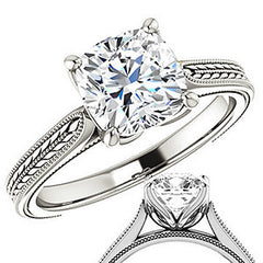 Cushion Vintage-Style Engraved Solitaire Ring with Tulip Prongs