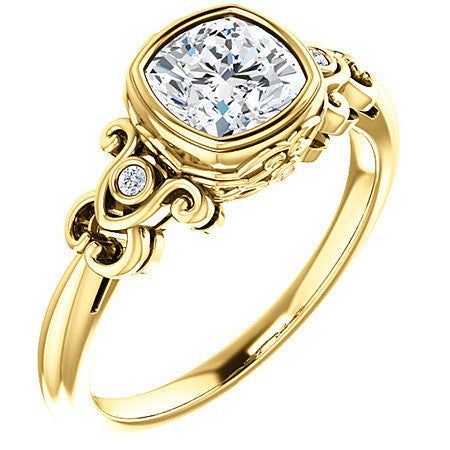 Cushion Moissanite Bezel Scroll Engagement Ring