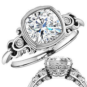 Cushion Moissanite Bezel Scroll Engagement Ring