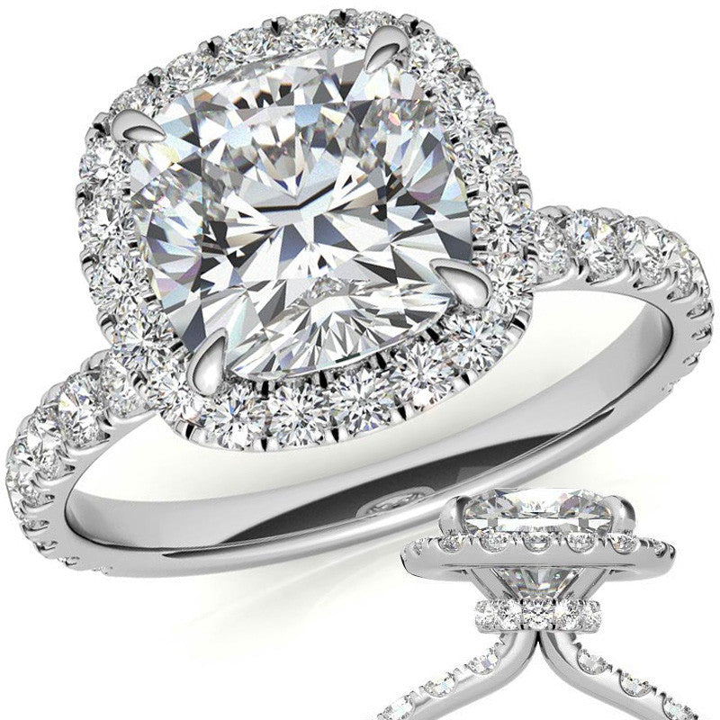 Cushion Halo Moissanite Engagement Ring with Hidden Collar