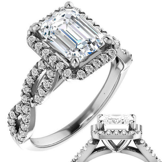 Emerald / Radiant Moissanite Halo Engagement Ring with Twisted Ban