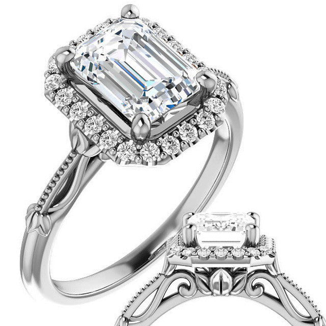Halo and Floral Accents Emerald / Radiant cut Moissanite Engagement