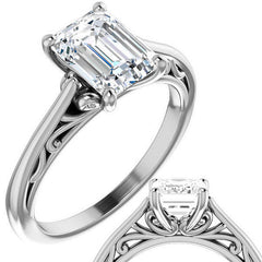 Emerald / Radiant Scroll Accent Cathedral Moissanite Solitaire Ring