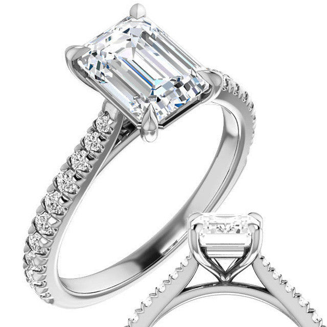 Cathedral Emerald / Radiant Moissanite Eng Ring with Claw Prongs