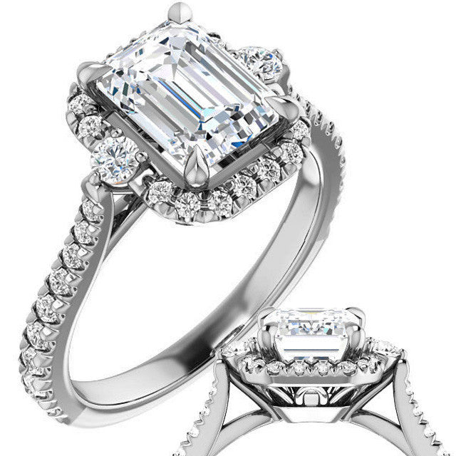 Emerald / Radiant Moissanite Cathedral Halo Engagement Ring with Claw Prongs