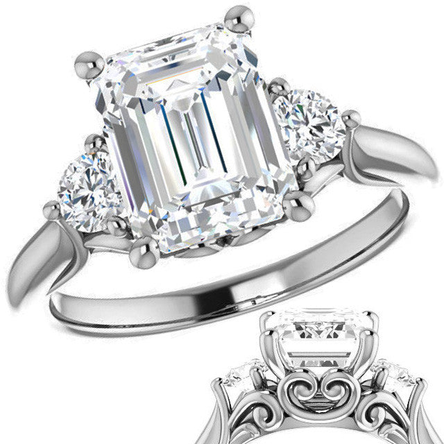 Emerald / Radiant and Round Brilliant Moissanite 3-Stone Ring with Scrolls