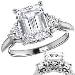 Emerald / Radiant and Round Brilliant Moissanite 3-Stone Ring with Scrolls