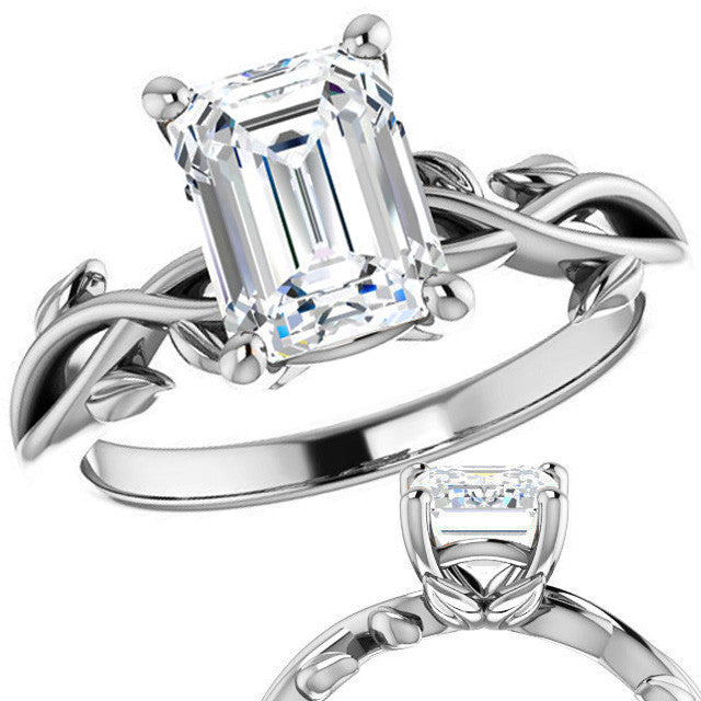 Emerald / Radiant cut Solitaire with Floral Accents
