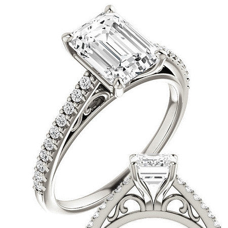 Emerald / Radiant Cathedral Engagement Ring with Scroll Accent