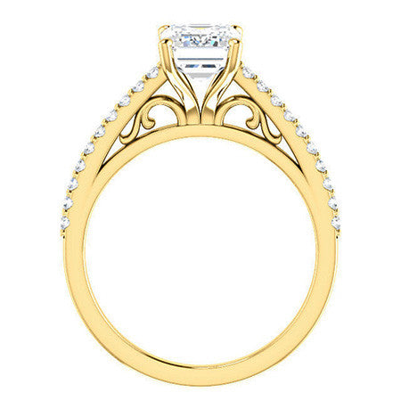 Emerald / Radiant Cathedral Engagement Ring with Scroll Accent