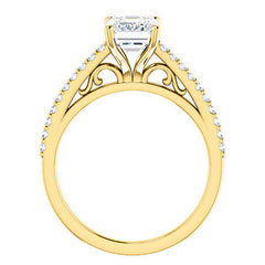 Emerald / Radiant Cathedral Engagement Ring with Scroll Accent