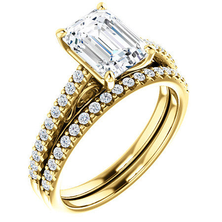 Emerald / Radiant Cathedral Engagement Ring with Scroll Accent