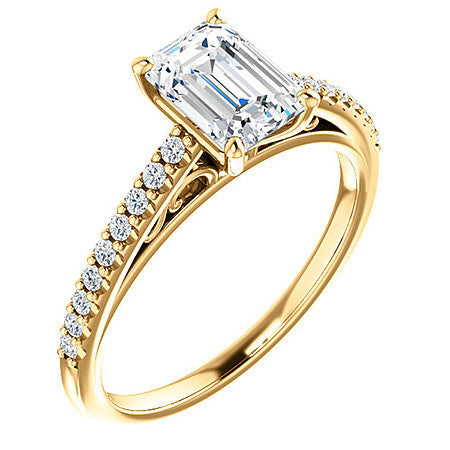 Emerald / Radiant Cathedral Engagement Ring with Scroll Accent