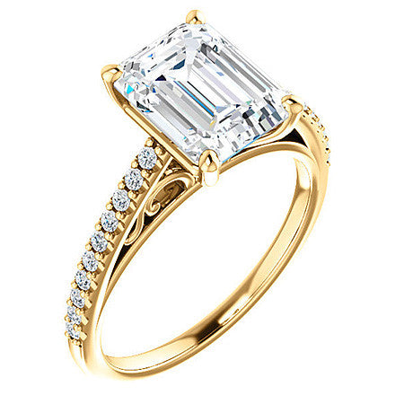 Emerald / Radiant Cathedral Engagement Ring with Scroll Accent