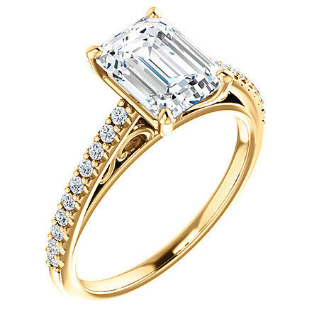 Emerald / Radiant Cathedral Engagement Ring with Scroll Accent