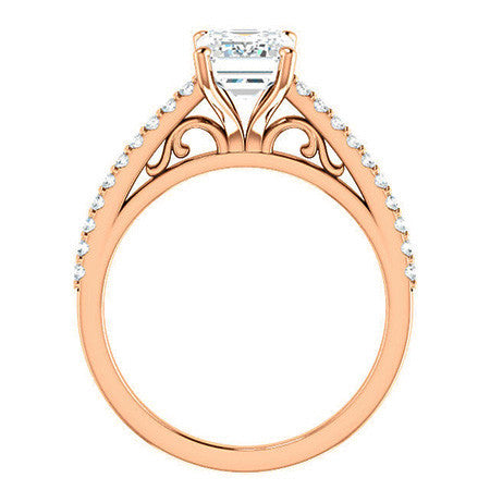 Emerald / Radiant Cathedral Engagement Ring with Scroll Accent