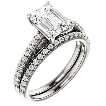 Emerald / Radiant Cathedral Engagement Ring with Scroll Accent