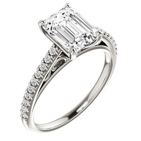 Emerald / Radiant Cathedral Engagement Ring with Scroll Accent