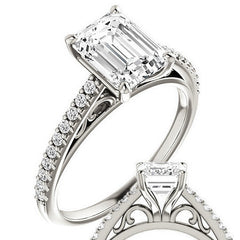 Emerald / Radiant Cathedral Engagement Ring with Scroll Accent