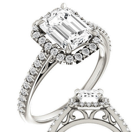 Emerald / Radiant Petite Halo Engagement Ring with Scroll Accent