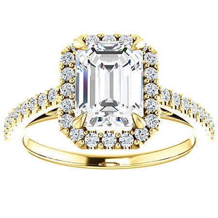 Emerald / Radiant Petite Halo Engagement Ring with Scroll Accent
