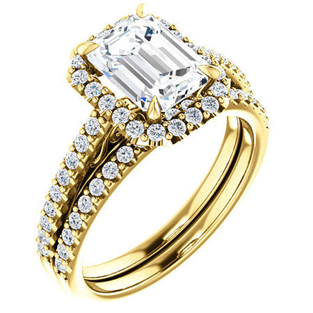 Emerald / Radiant Petite Halo Engagement Ring with Scroll Accent