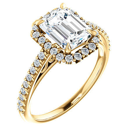 Emerald / Radiant Petite Halo Engagement Ring with Scroll Accent