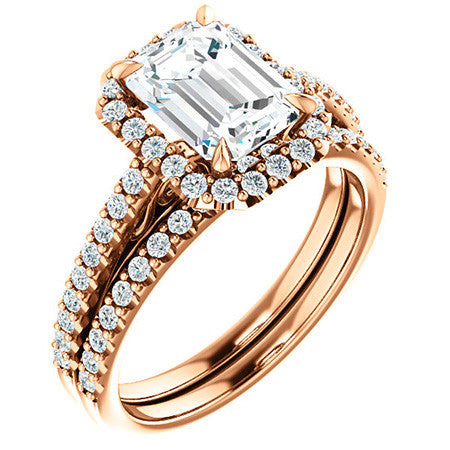 Emerald / Radiant Petite Halo Engagement Ring with Scroll Accent
