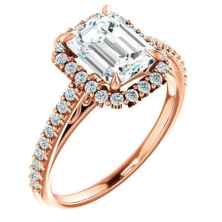 Emerald / Radiant Petite Halo Engagement Ring with Scroll Accent