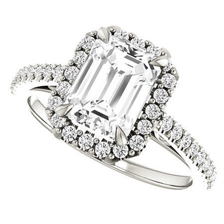Emerald / Radiant Petite Halo Engagement Ring with Scroll Accent
