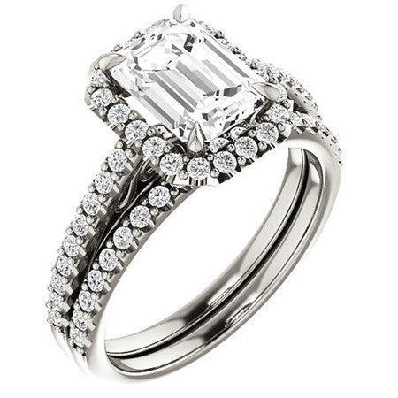 Emerald / Radiant Petite Halo Engagement Ring with Scroll Accent