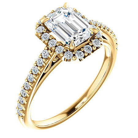 Emerald / Radiant Petite Halo Engagement Ring with Scroll Accent