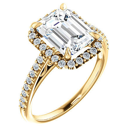 Emerald / Radiant Petite Halo Engagement Ring with Scroll Accent