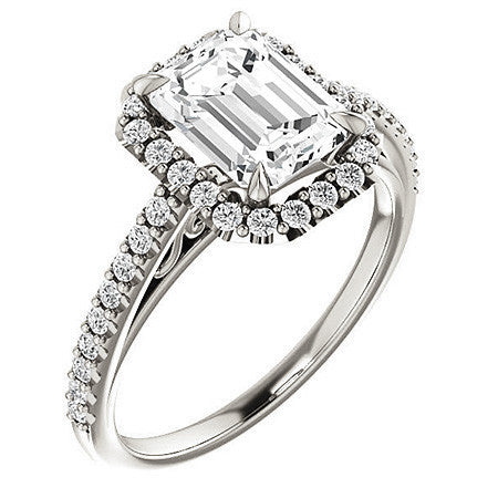 Emerald / Radiant Petite Halo Engagement Ring with Scroll Accent