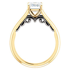 Emerald / Radiant Scroll Accented Solitaire Engagement Ring