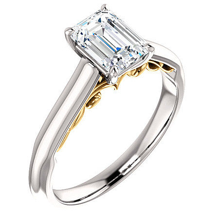Emerald / Radiant Scroll Accented Solitaire Engagement Ring
