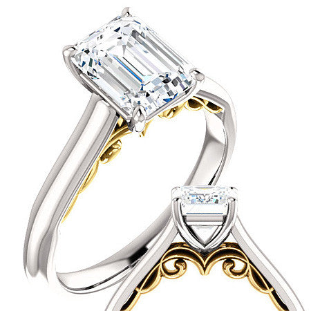 Emerald / Radiant Scroll Accented Solitaire Engagement Ring