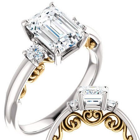 Emerald / Radiant Three-Stone Engagement Ring with Scroll Accent