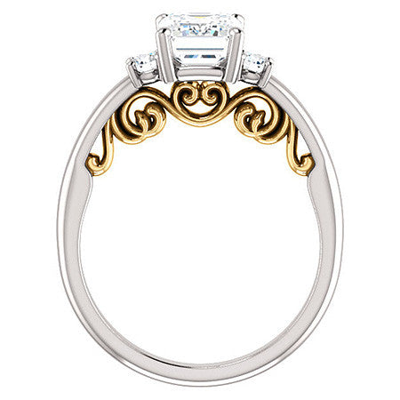 Emerald / Radiant Three-Stone Engagement Ring with Scroll Accent