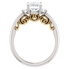 Emerald / Radiant Three-Stone Engagement Ring with Scroll Accent