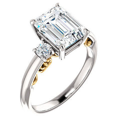 Emerald / Radiant Three-Stone Engagement Ring with Scroll Accent