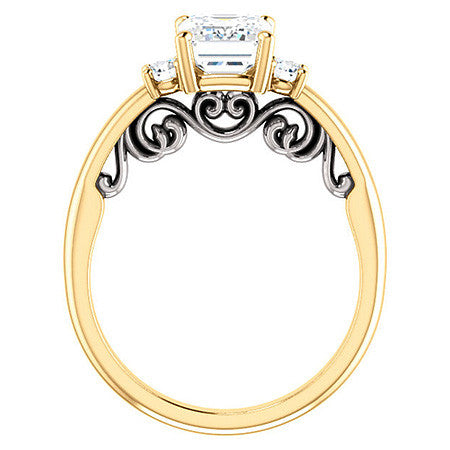 Emerald / Radiant Three-Stone Engagement Ring with Scroll Accent