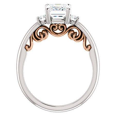 Emerald / Radiant Three-Stone Engagement Ring with Scroll Accent
