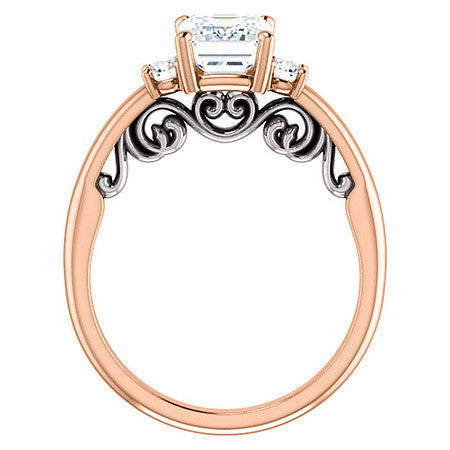 Emerald / Radiant Three-Stone Engagement Ring with Scroll Accent